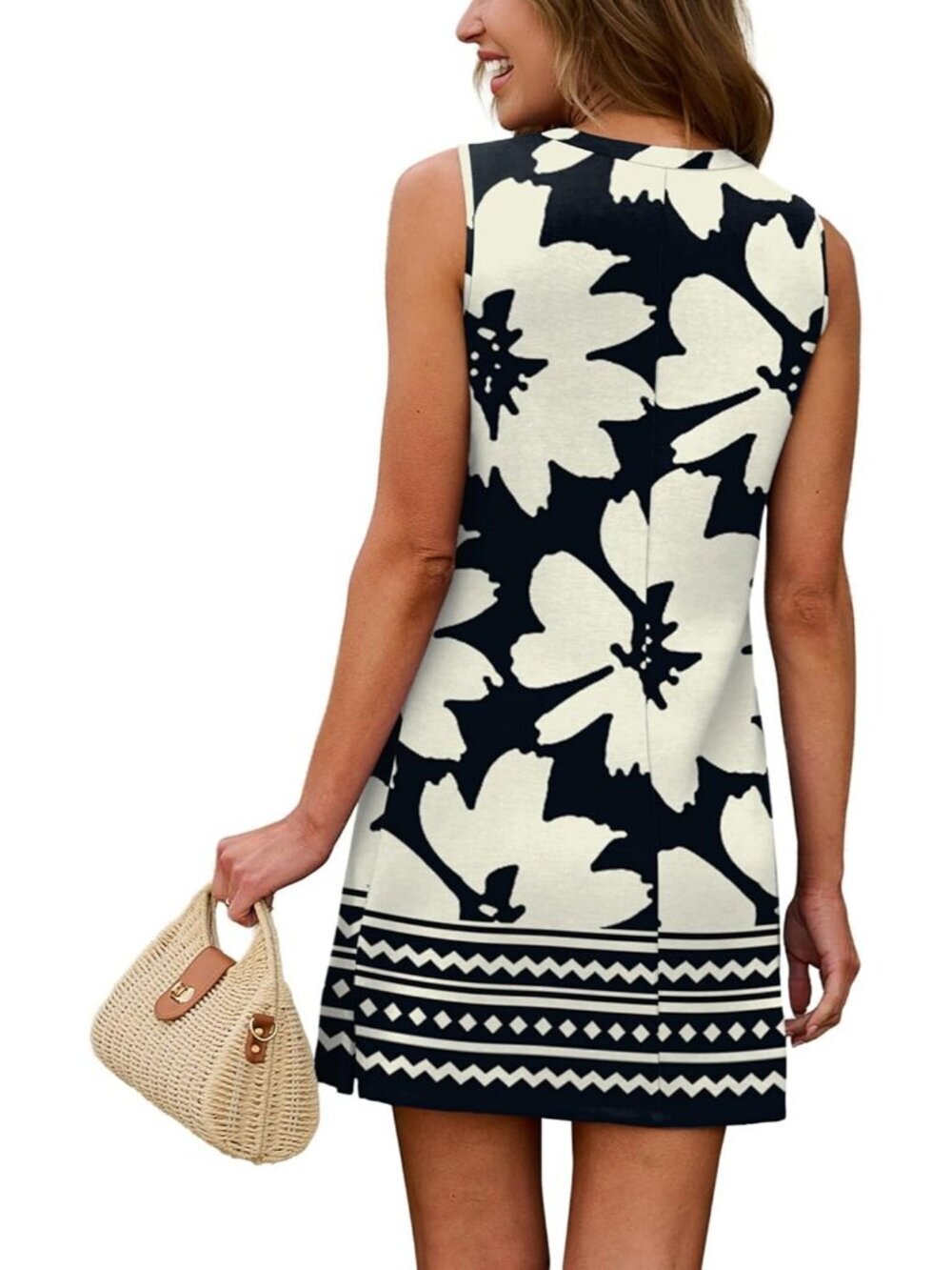 Women's Black White Flower Summer Casual Dress Crewneck Sleeveless Tank Dress - Picture 5 of 5